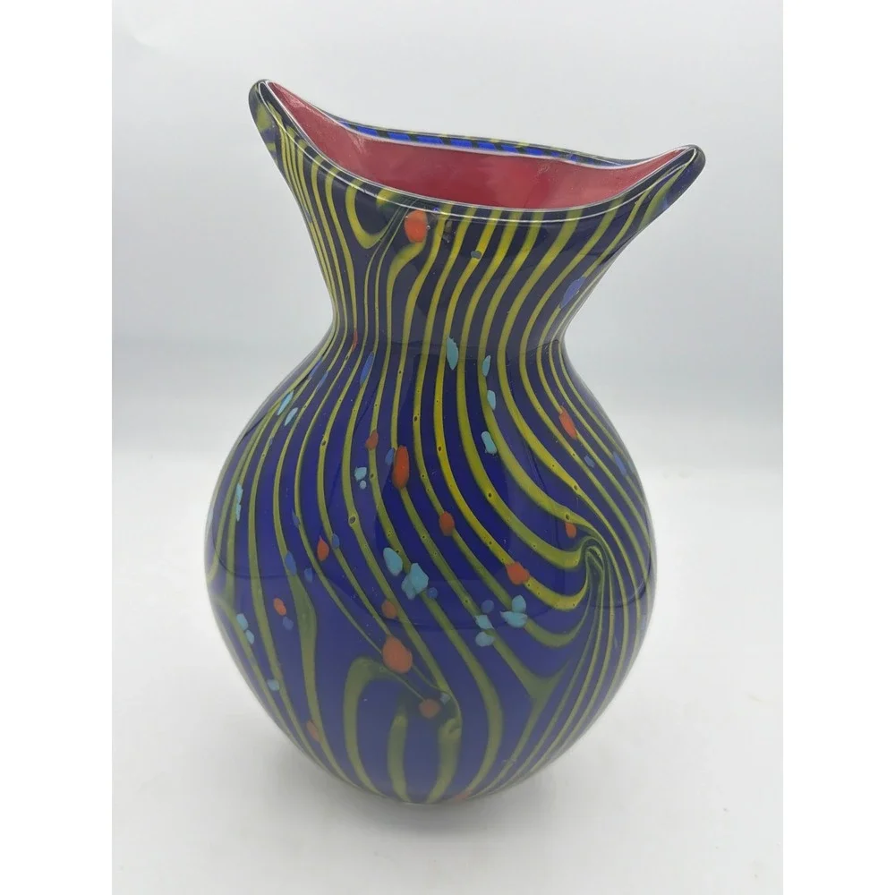 Vintage Hand Blown Art Glass Vase Blue with Yellow Stripes & Pink Rim 10